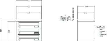 RENZ Briefkastenanlage Aufputz, Tetro, Edelstahl V4A, Kastenformat 370x110x270mm, 3-teilig